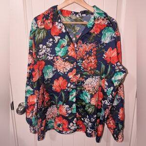 Vintage Pykettes Floral Button Up Blouse Navy/Red